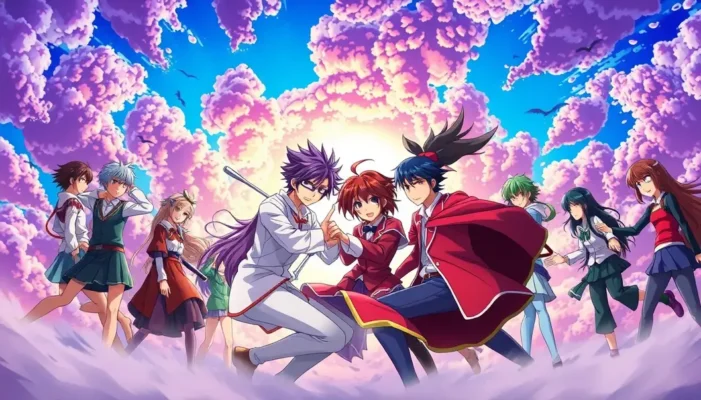 Anime characters from different genres collaborating to solve a conflict.