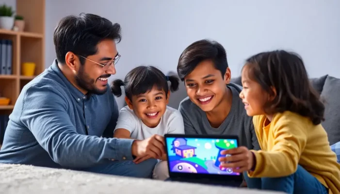 A family playing a child-friendly open-world game, sharing moments of joy.