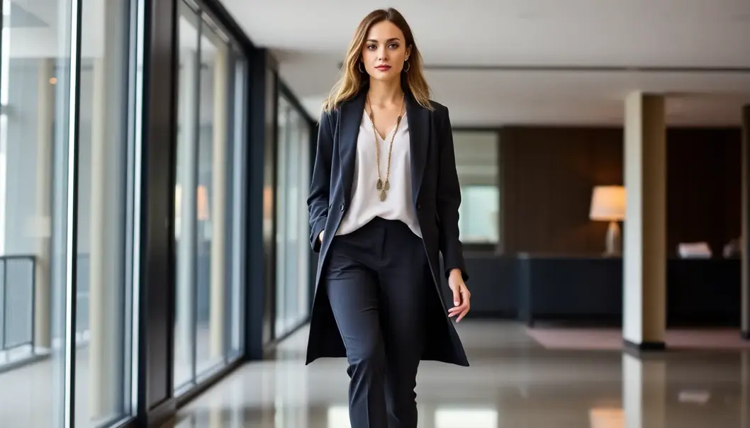 Petite woman using vertical lines and monochrome outfit to appear taller.