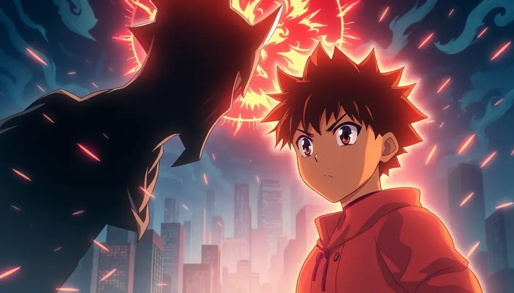 An anime hero confronts a formidable foe, symbolizing conflict.