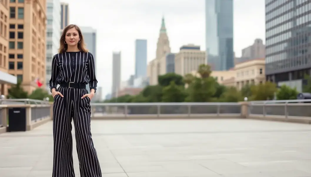Petite woman using vertical lines and monochrome outfit to appear taller.